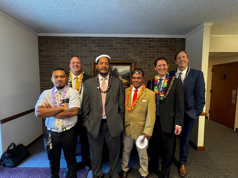 The Hendersonville 2nd Ward (Pohnpeian) bishopric takes a picture with the Asheville North Carolina Stake presidency on the day of the ward's creation, Sunday, Sept. 20, 2026.