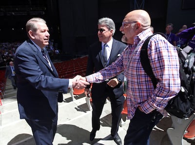 Elder Donald L. Hallstrom shakes hands with Dr. Timothy Seelig, artistic director and conductor of the San Francisco Gay Men’s Chorus, during soundcheck at the Shoreline Amphitheatre in Mountain View, Calif., on Monday, June 25, 2018. Seelig is the guest conductor of the Mormon Tabernacle Choir concert at the Shoreline Amphitheatre.