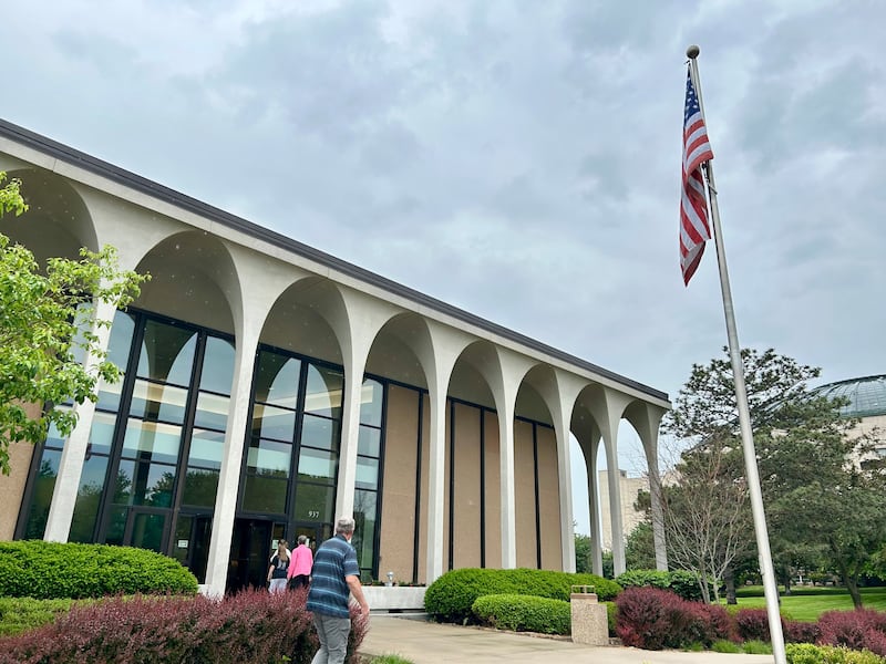 Visitors enter the Independence Visitors' Center in Independence, Missouri, in May 2026.