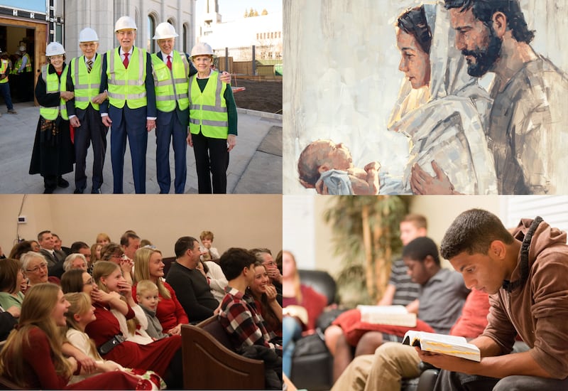 Clockwise from top left: The First Presidency of The Church of Jesus Christ of Latter-day Saints — President Dallin H. Oaks, second from left; President Henry B. Eyring, third from left; and President D. Todd Christofferson, fourth from left — smile after touring the Salt Lake Temple amid ongoing construction on Friday, Dec. 12, 2025. They were joined by President Oaks' wife, Sister Kristen Oaks, left, and President Christofferson's wife, Sister Kathy Christofferson, right; "A Light Unto Us," a painting by Dan Wilson, is featured on Elder Dale G. Renlund's social media posts with his Christmas 2025 message; A group of youth reading scriptures together in Florida; The congregation reacts to Elder Allen D. Haynie, General Authority Seventy and president of the United States Northeast Area, reading an announcement from the First Presidency of a temple to be built in Portland, Maine, at a Christmas devotional for the Portland Maine Stake on Sunday, Dec.14, 2025.
