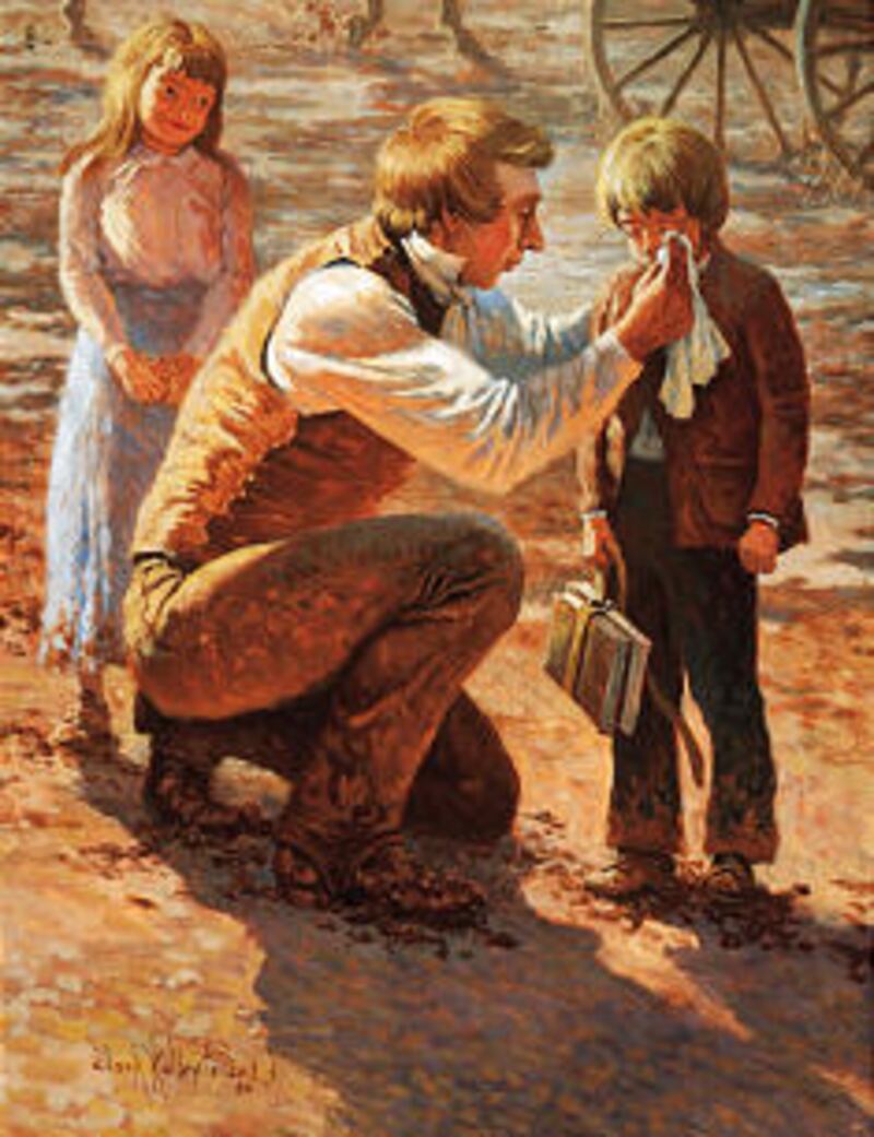 Art by Clark Kelley Price shows Joseph Smith wiping tears from a boy after he pulled the child and h
