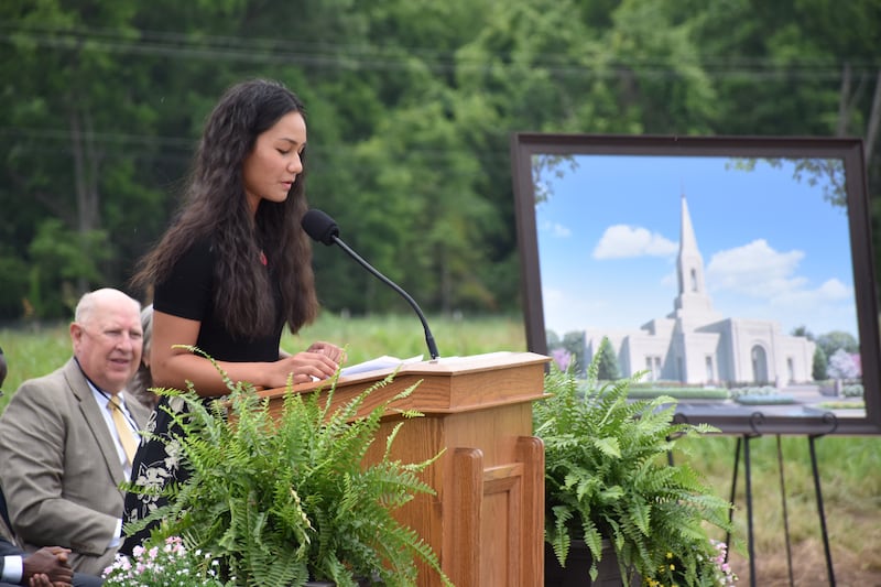 Taianna Yandall speaks at the groundbreaking ceremony for the Springfield Missouri Temple.