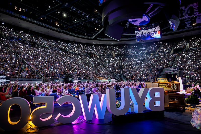Women fill the Marriott Center in Provo, Utah, for a session with Sister Tamara W. Runia, first counselor in the Young Women general presidency, as part of the 2026 BYU Women's Conference on Wednesday, April 29, 2026.