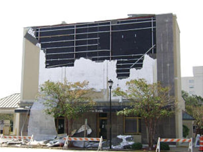 The First Citizens Bank in downtown Morehead City, NC, suffered damage from Hurricane Irene that hit