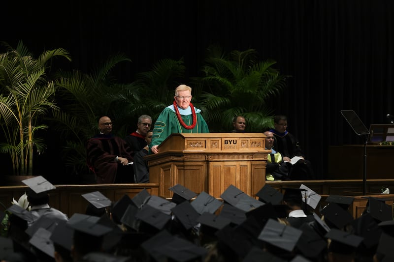 BYU–Hawaii Acting President R. Kelly Haws speaks to graduates during winter 2026 commencement on April 17, 2026, in Laie, Hawaii.
