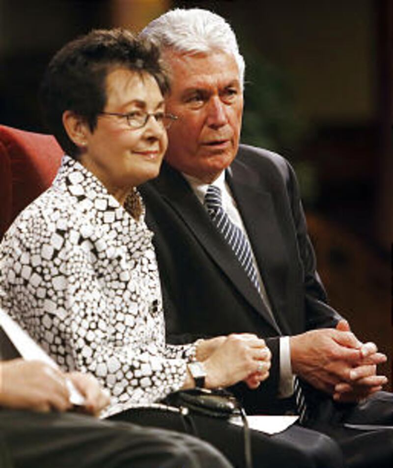 President Dieter F. Uchtdorf and Sister Harriet Uchtdorf during a devotional for workers at the Boun