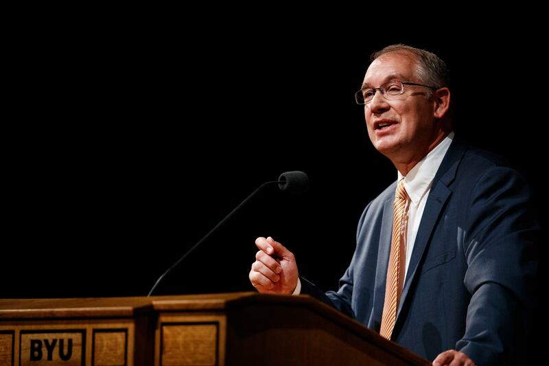Steven Shumway addresses the audience in the De Jong Concert Hall — and via live broadcast on BYUtv