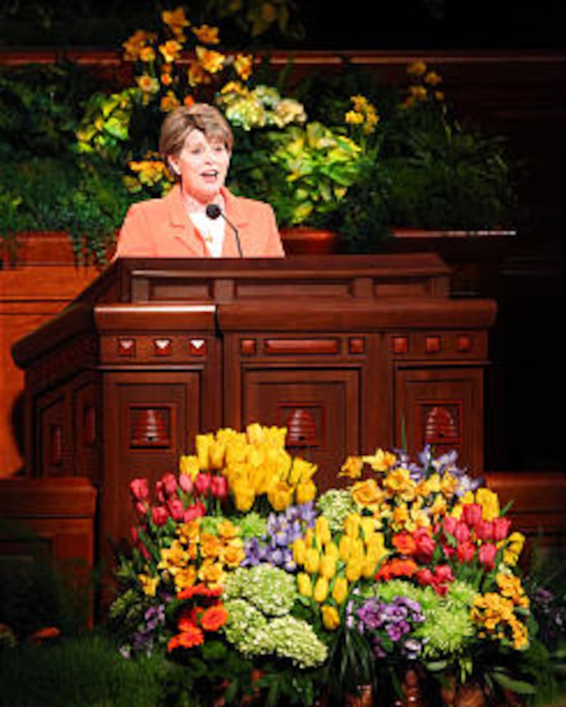 Sister Mary N. Cook, first counselor in the Young Women general presidency, speaks during the Genera