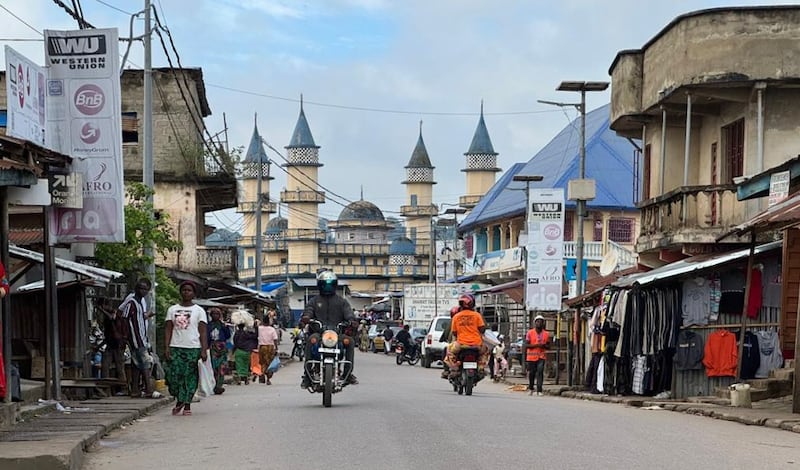A mosque is viewed from the streets of Koidu, Sierra Leone, in early 2026.