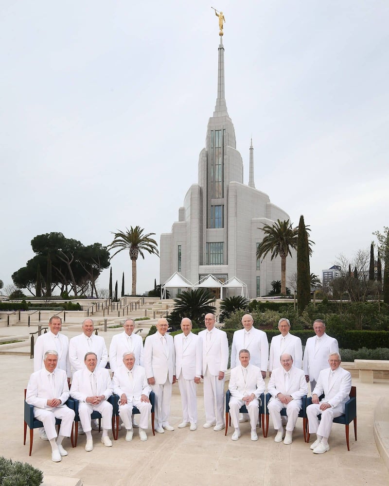 Every member of the First Presidency and the Quorum of the Twelve Apostles poses for an iconic photograph outside the Rome Italy Temple in Rome, Italy, on Monday, March 11, 2019.