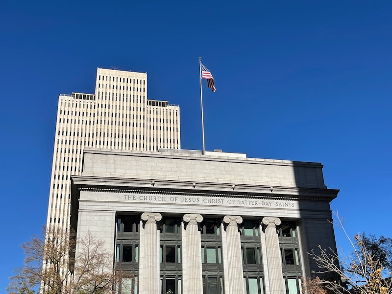 The Church Administration Building, foreground, and the Church Office Building in Salt Lake City are shown on Tuesday, Nov. 4, 2025.
