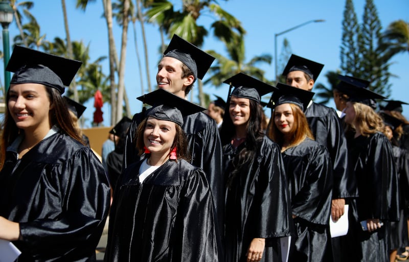 Students at BYU-Hawaii line up outside before the winter commencement ceremony on April 20, 2019.