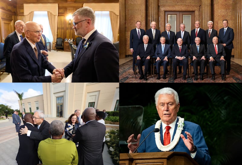 Clockwise from top left: President Dallin H. Oaks, left, shakes hands with His Excellency Kristjan Prikk, ambassador of Estonia to the United States, during a visit in the Church Administration Building in Salt Lake City on Friday, Feb. 27, 2026; The Quorum of the Twelve Apostles on March 4, 2026. Front row, left to right: Acting President Dieter F. Uchtdorf, Elder David A. Bednar, Elder Quentin L. Cook, Elder Neil L. Andersen and Elder Ronald A. Rasband. Back row, left to right: Elder Gary E. Stevenson, Elder Dale G. Renlund, Elder Gerrit W. Gong, Elder Ulisses Soares, Elder Patrick Kearon, Elder Gérald Caussé and Elder Clark G. Gilbert; President Dieter F. Uchtdorf, acting president of the Quorum of the Twelve Apostles, speaks during a devotional at Brigham Young University–Hawaii in Laie, Hawaii, on Sunday, March 1, 2026; Elder Gerrit W. Gong of the Quorum of the Twelve Apostles and his wife, Sister Susan Gong, greet members of the Harare Zimbabwe Temple presidency prior to the temple's dedication on Sunday, March 1, 2026, in Harare, Zimbabwe.