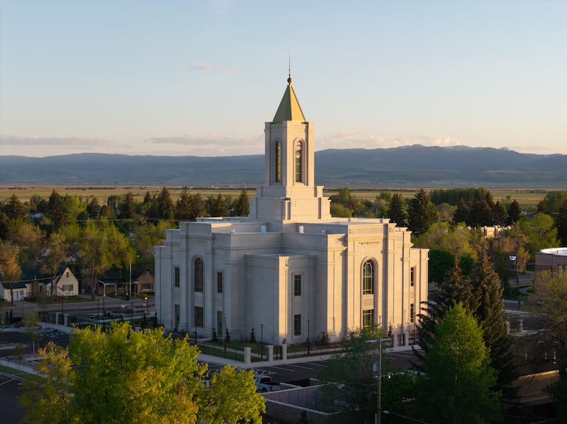 The Montpelier Idaho Temple at dusk.