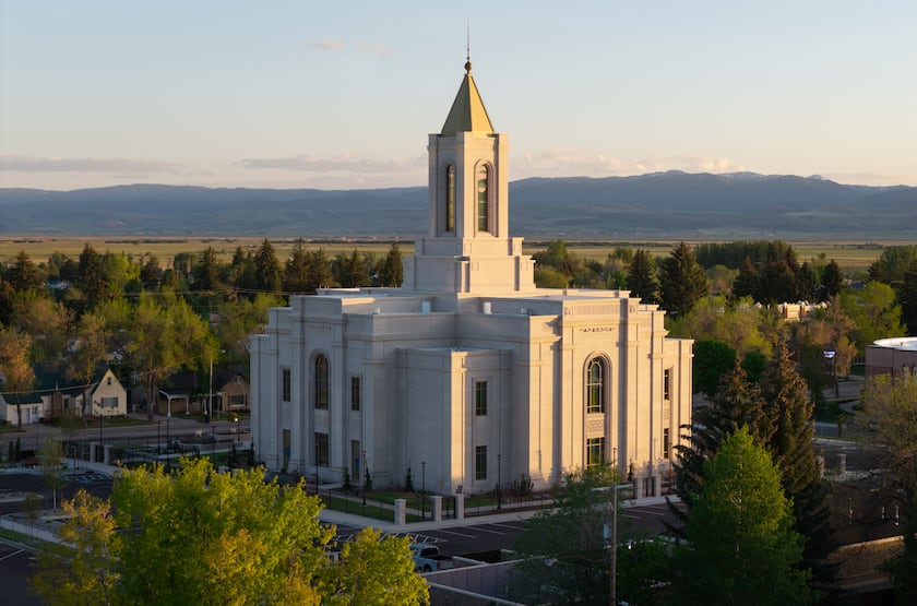 The Montpelier Idaho Temple at dusk.