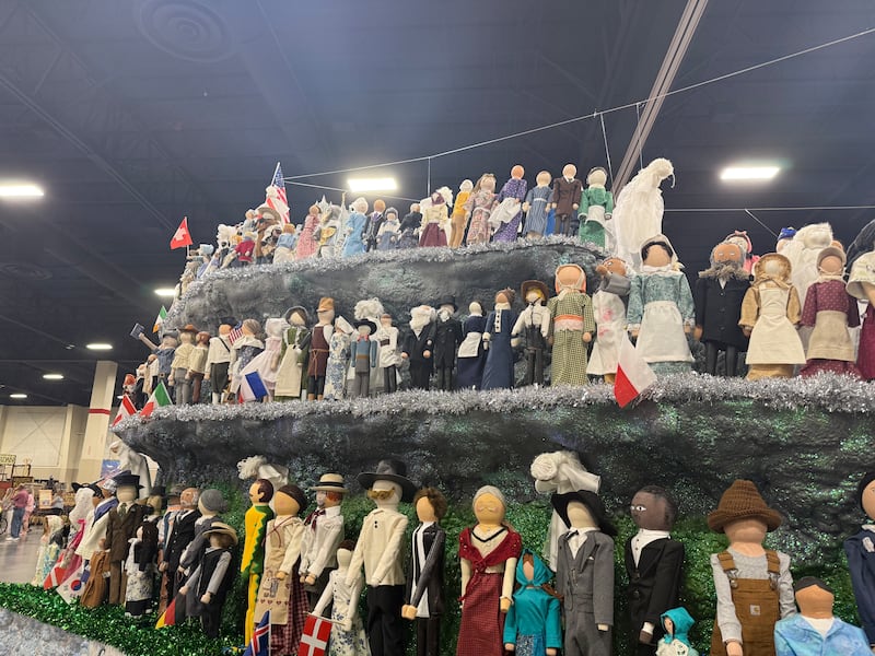 The Herriman Utah South Stake float features 324 hand-tilled wooden dolls at the Days of '47 float preview party at the Mountain America Expo Center in Sandy, Utah, on Tuesday, July 21, 2026.