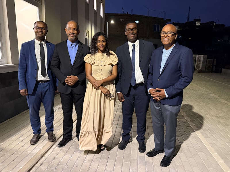 Local Church leaders and government leaders take a picture together on the night that the new Eugenio Lima Chapel was dedicated on Saturday, April 11, 2026.