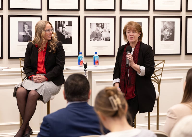 Sharon Eubank, the outgoing director of Humanitarian Services for the Church, and Elissa Gifford, the incoming director, participate in the panel in Washington, D.C., on Wednesday, March 18.