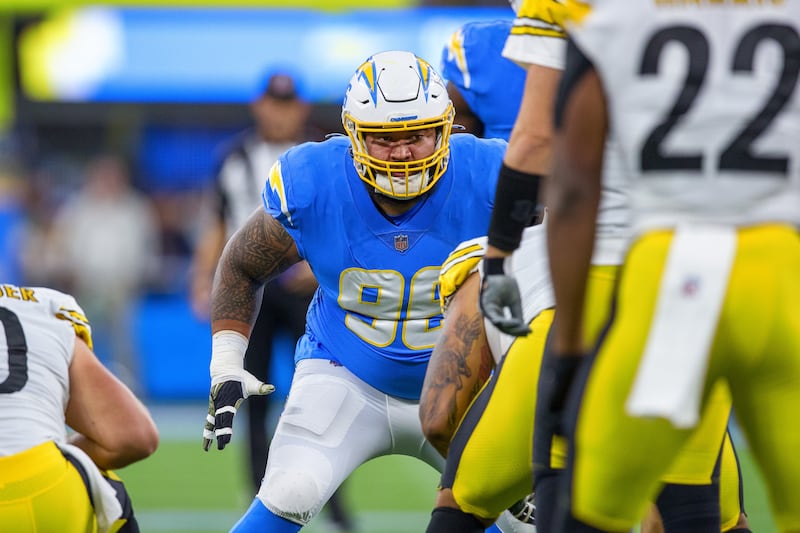Defensive lineman Breiden Fehoko prepares for a play as the Los Angeles Chargers play the Pittsburgh Steelers.