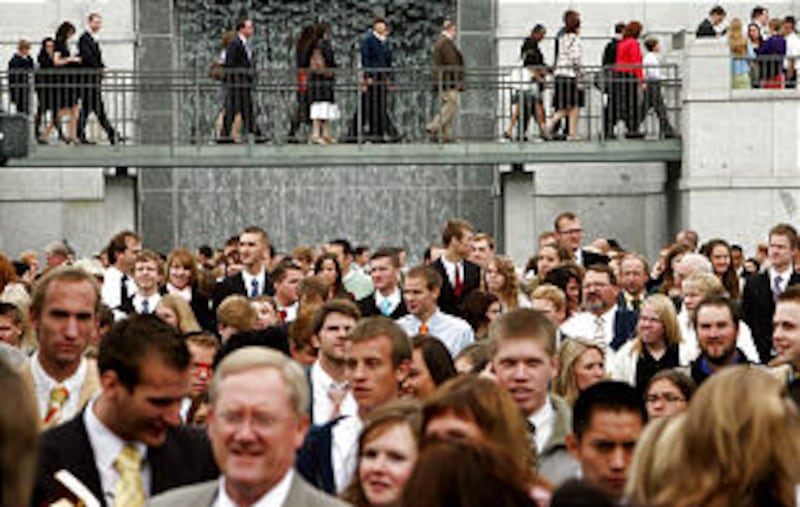 Thousands exit the Conference Center after General Conference Saturday Morning Session.