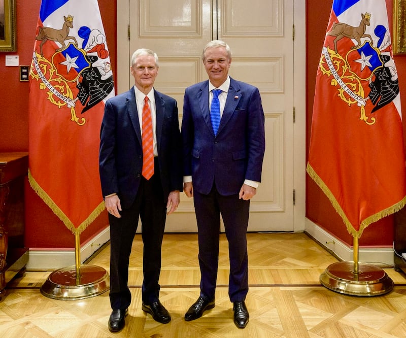 Elder David A. Bednar meets with Chilean President José Antonio Kast at La Moneda Palace in Santiago, Chile, on May 18, 2026.
