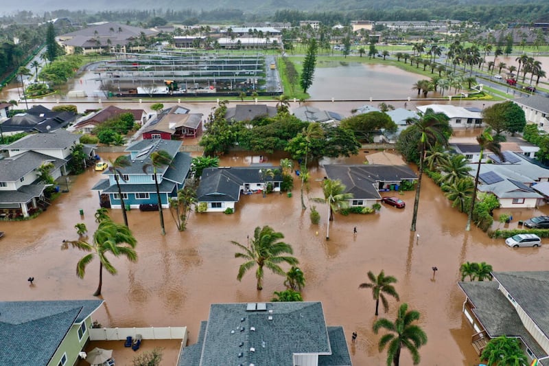 An aerial view of Naniloa Loop (top) and Moana Street (bottom) after flash floods pummeled Laie and other parts of Oahu, Hawaii, on Tuesday, March 9, 2021. Photo by Spencer Ingley.