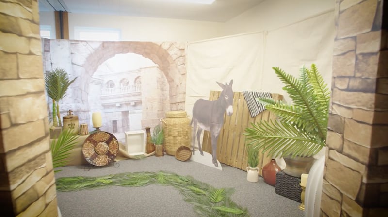 The room in a meetinghouse in Herriman, Utah, is transformed to depict Jesus Christ's triumphal entry into Jerusalem, on April 9-10, 2025.