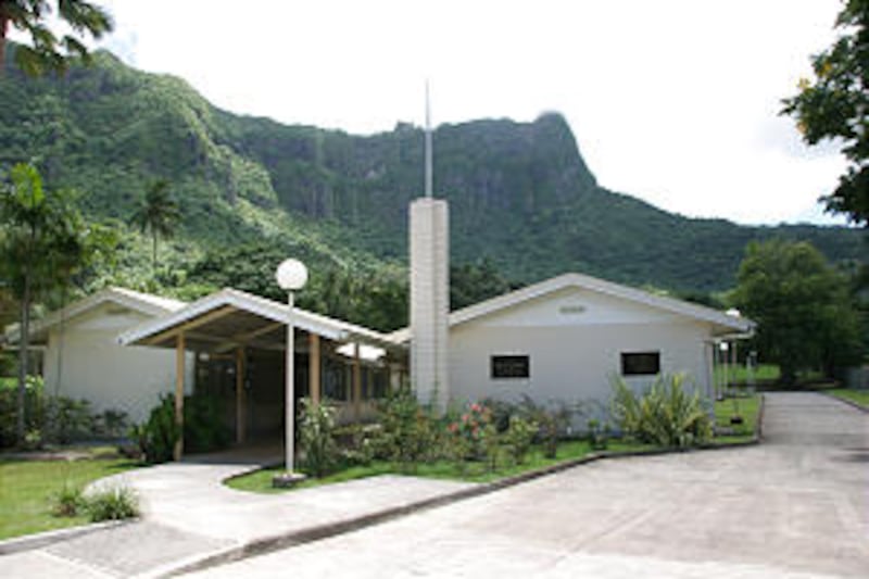 LDS meetinghouse on the island of Moorea in French Polynesia stands among beautiful landscape.