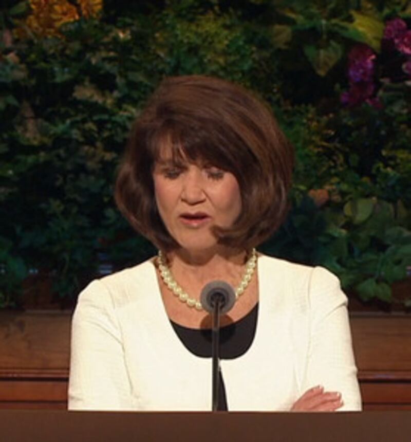 Sister Jean Stevens offers the benediction at Saturday morning's session of general conference.