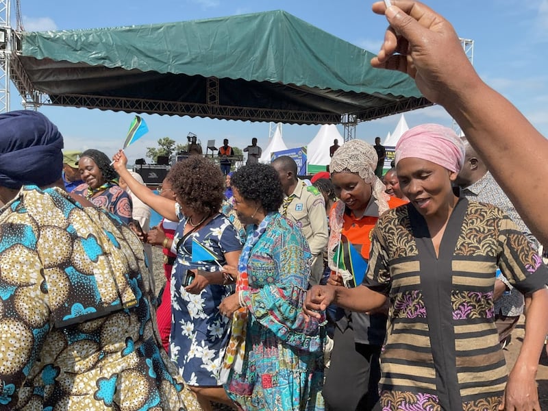 The women attending the International Women's Day celebration dance with each other in Geita, Tanzania, on March 8, 2026.