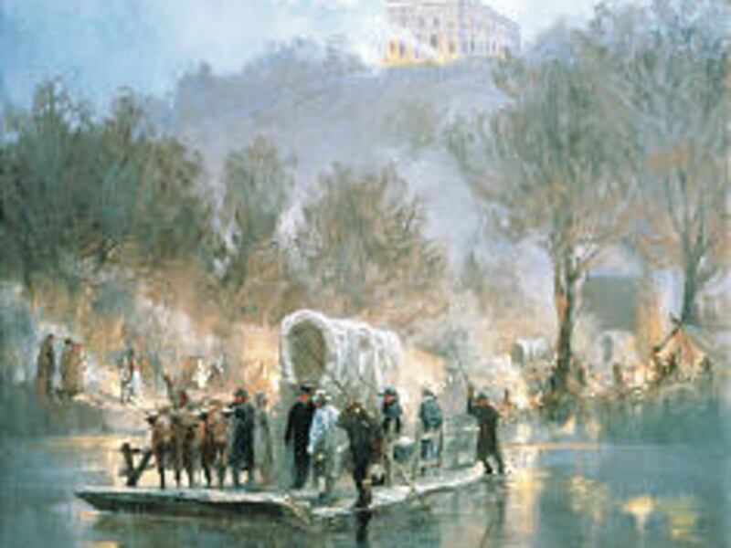 Glen S. Hopkinson's "End of Parley Street" portrays ferry crossing of wagons.