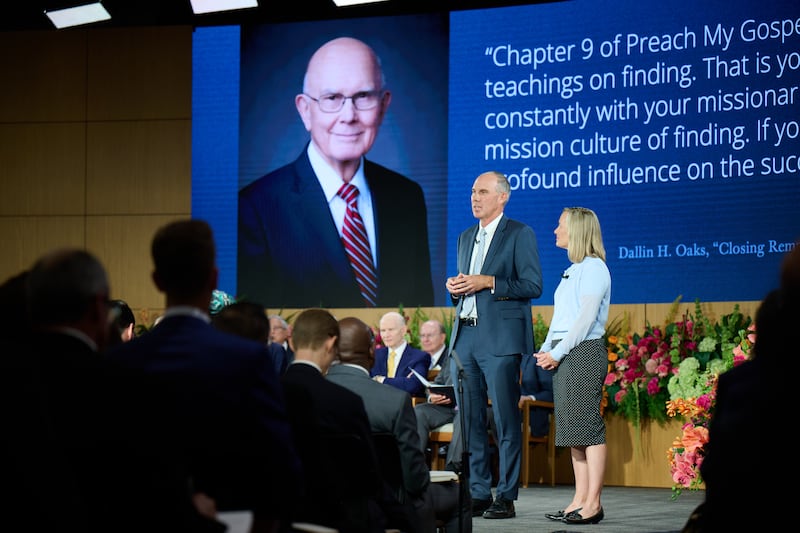Elder Jonathan S. Schmitt and Sister Alexis Schmitt speak at the 2026 Seminar for New Mission Leaders at the Provo Missionary Training Center in Provo, Utah, on Thursday, June 18, 2026.