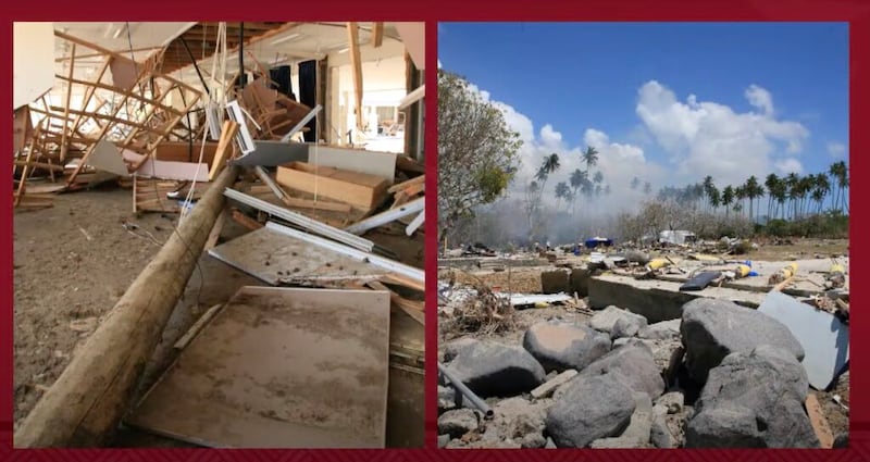 During a BYU–Hawaii devotional on Oct. 5, 2021, Elder K. Brett Nattress, a General Authority Seventy and first counselor in the Pacific Area presidency, shares photos of the damaged caused by the 2009 tsunami in Samoa.