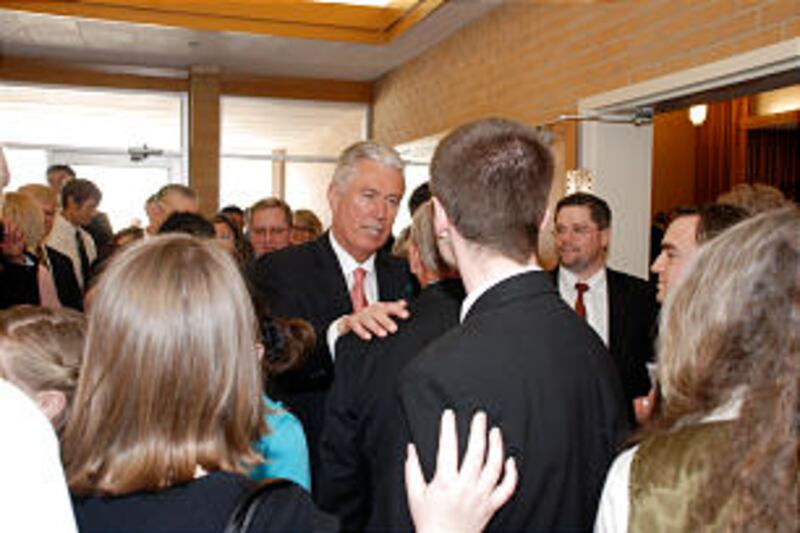 President Dieter F. Uchtdorf visits with friends, old and new, in foyer after he rededicated the Big