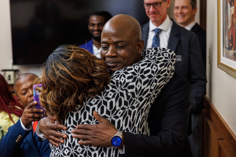 Treasure Valley Ward (Swahili) Bishop Denis Akulu hugs his wife, Esther Akulu, on Sunday, Feb. 8, 2026, in Boise, Idaho.