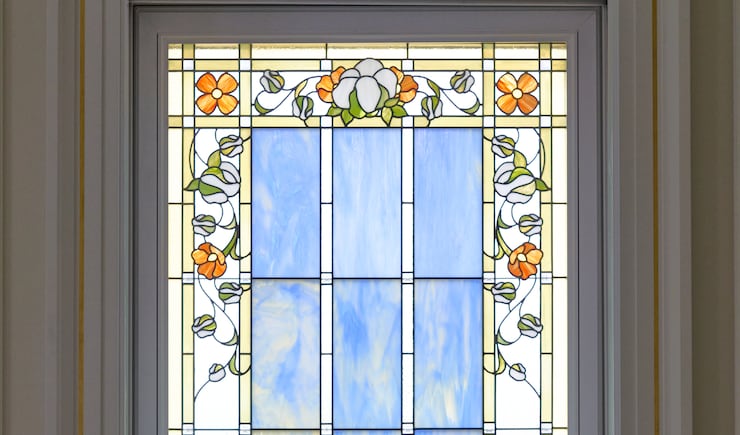 An art-glass window inside the Torreón Mexico Temple.