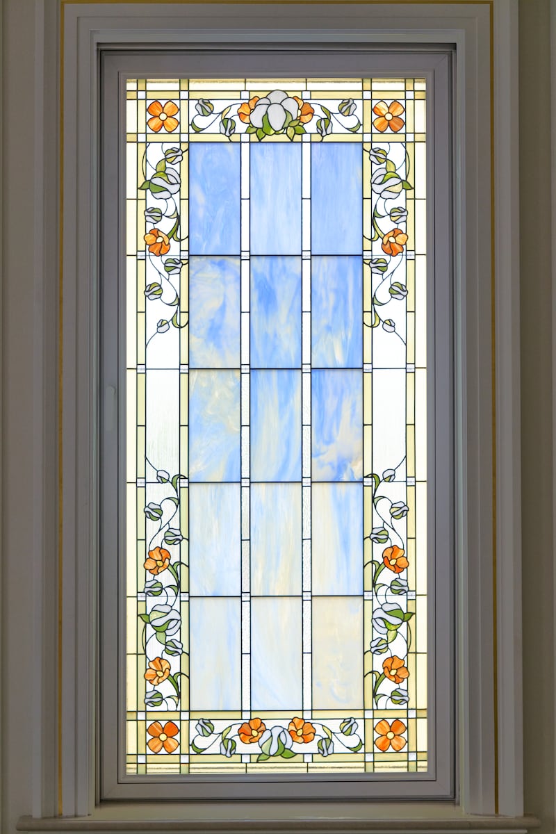 An art-glass window inside the Torreón Mexico Temple.