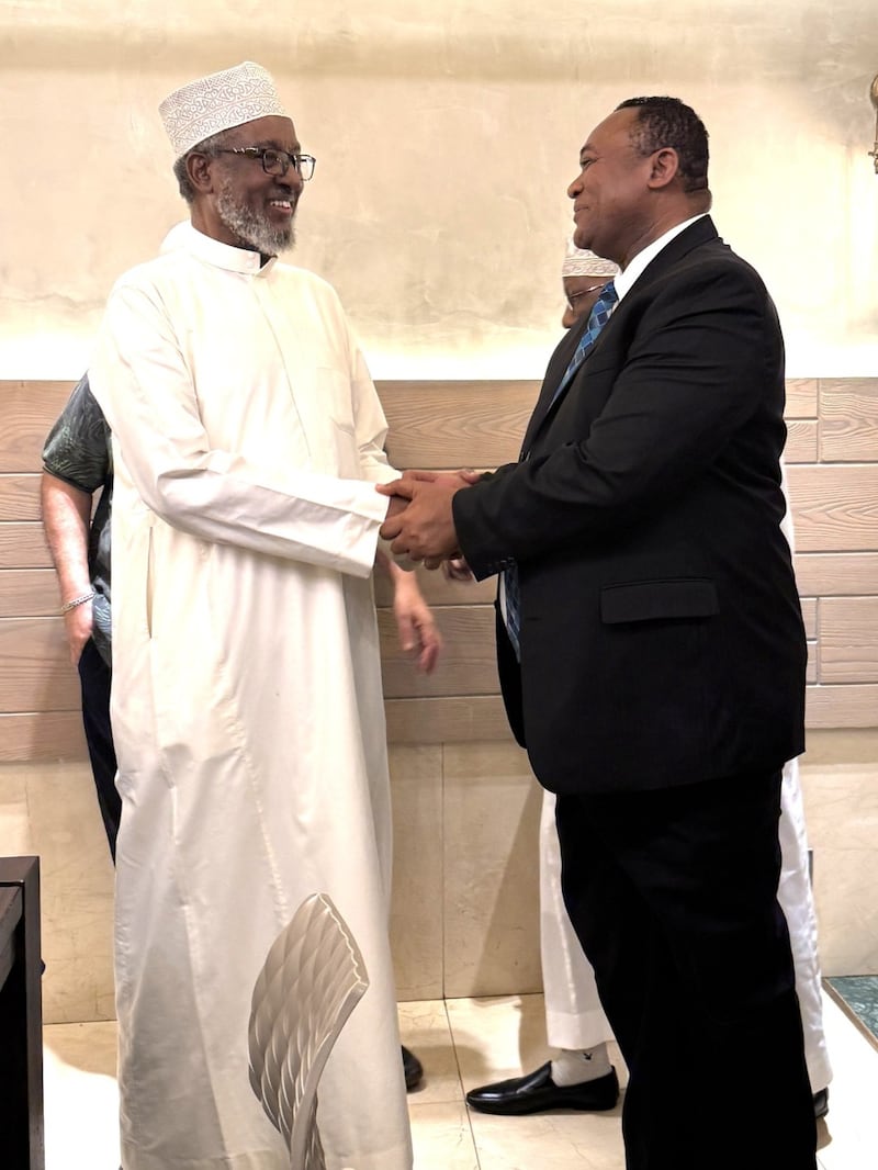 Elder Thierry K. Mutombo greets Abdullahi Abdi in Nairobi, Kenya, June 27, 2026, at a dinner hosted by NAMLEF.