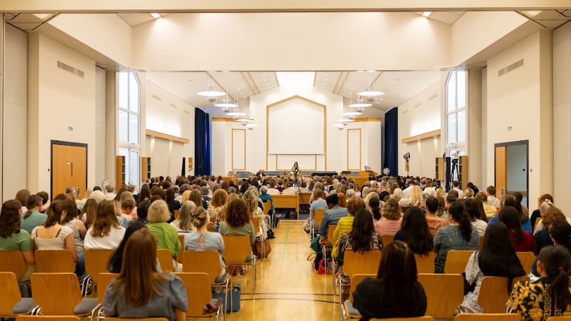 Women gather for a devotional with Sister Kristin M. Yee in Offenbach, Germany, on Aug. 29, 2026.