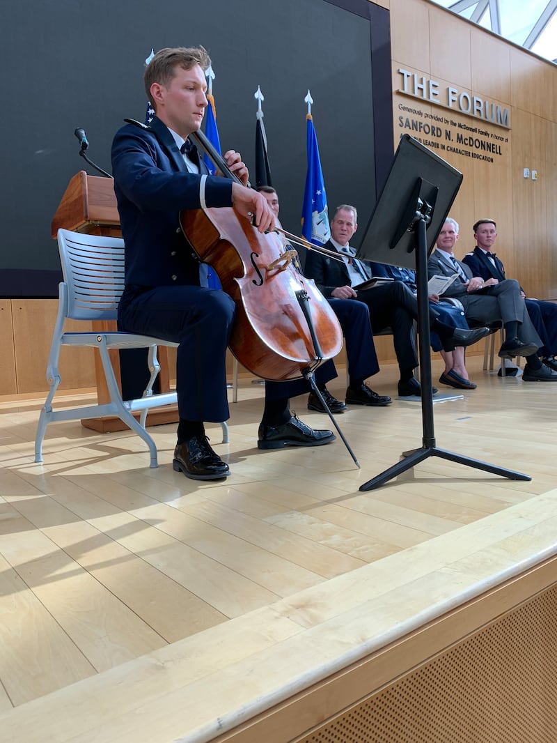 A USAFA cadet plays the cello in Polaris Hall in Colorado Springs, Colorado, Sunday, May 24, 2026.