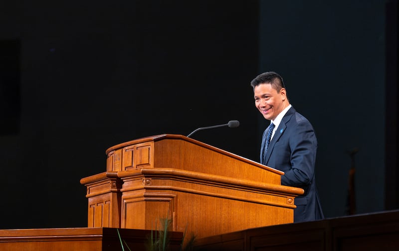 Elder James O. Fantone, a General Authority Seventy, speaks during a BYU–Idaho campus devotional in the I–Center in Rexburg, Idaho, on Tuesday, Sept. 22, 2026.