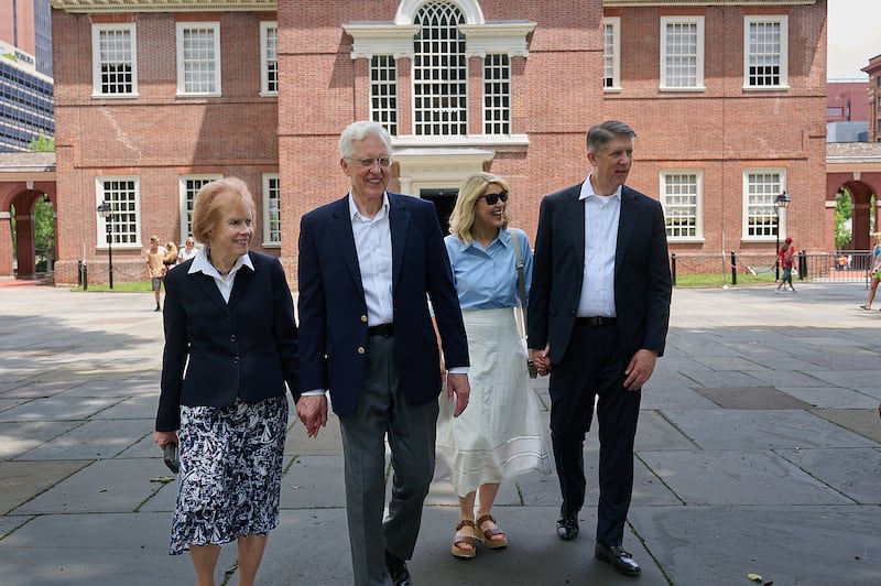 President D. Todd Christofferson, second counselor in the First Presidency, and his wife, Sister Kathy Christofferson, along with Elder Matthew S. Holland, General Authority Seventy, and his wife, Sister Paige Holland, tour historic sites in Philadelphia, Pennsylvania.