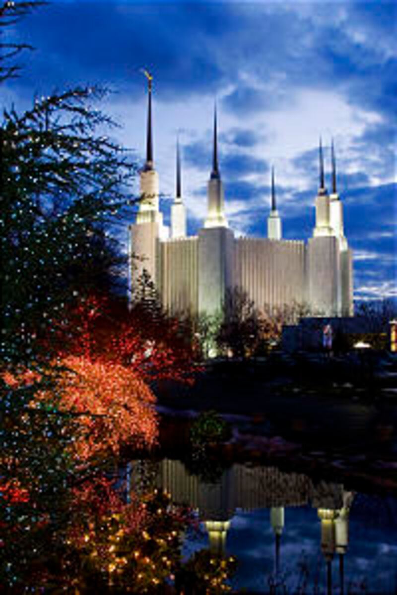 The Washington D.C. Temple rises over grounds aglow with Christmas lights. International diplomats a