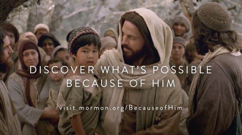 Screen capture from 2014 video "Because of Him" which is being reprised as the Church's Easter initi