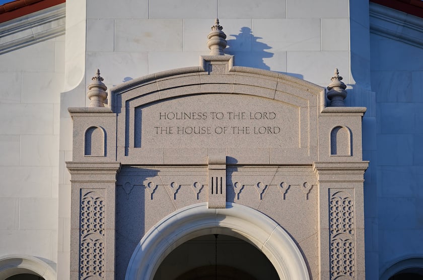 "Holiness to the Lord: The house of the Lord" is inscribed above the entrance to the Yorba Linda California Temple.