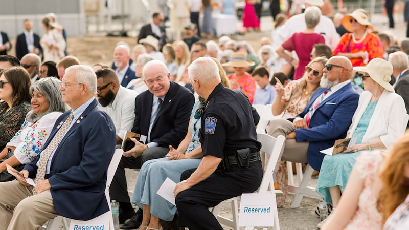 Latter-day Saints and other members of the community visit prior to the groundbreaking ceremony of the Tulsa Oklahoma Temple on Saturday, Aug. 22, 2026, in Tulsa, Oklahoma.