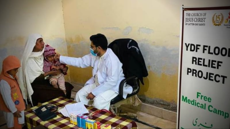 Medical camp facilities — made with funds donated by The Church of Jesus Christ of Latter-day Saints — are provided to flood-affected families in South Punjab, Pakistan, from late 2025 to early 2026, supporting recovery from waterborne diseases.