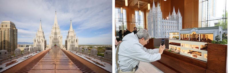 From left to right: Crews install a new copper roof on the Salt Lake Temple on Tuesday, April 21, 2026, in Salt Lake City; Luanne Broadhead takes a photo as the new Temple Square Visitors’ Center of The Church of Jesus Christ of Latter-day Saints opens to the public in Salt Lake City on Monday, May 18, 2026.