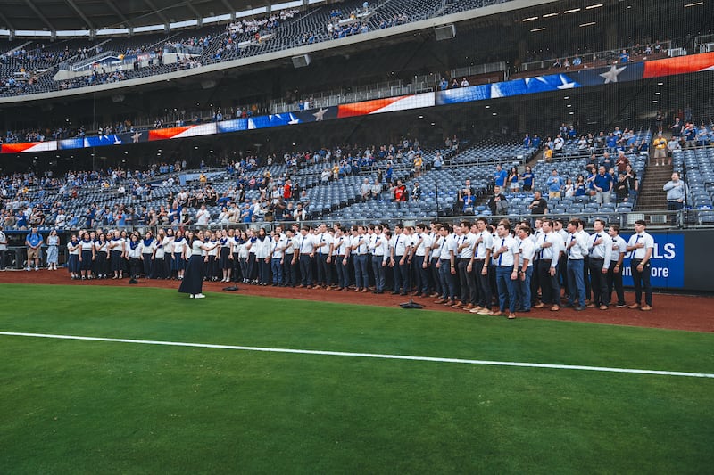 150 missionaries in the Missouri Independence Mission sing the United States national anthem at Kauffman Stadium in Kansas City, Missouri, Thursday, April 9, 2026.
