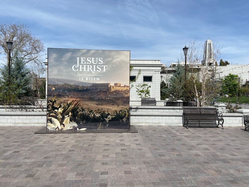An Easter message is displayed north of the Tabernacle on Temple Square in Salt Lake City on Friday, March 27, 2026.